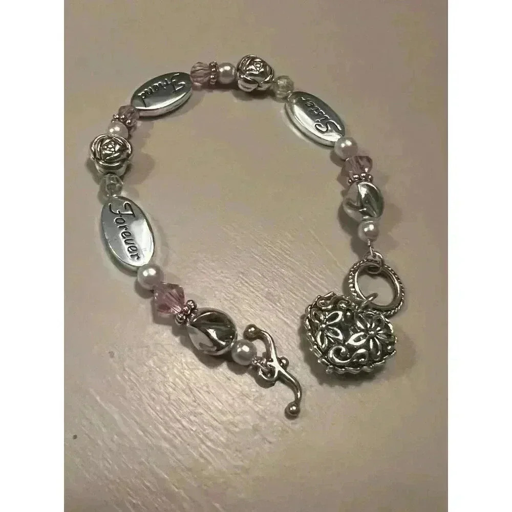 Sister Friend Forever Pink and Silver Heart Bracelet